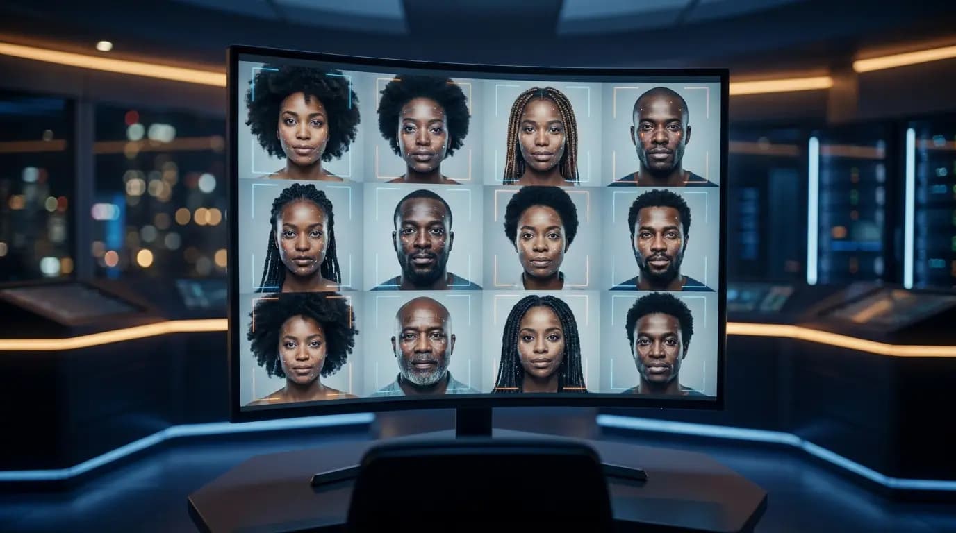 Visuel abstrait représentant la reconnaissance faciale par intelligence artificielle