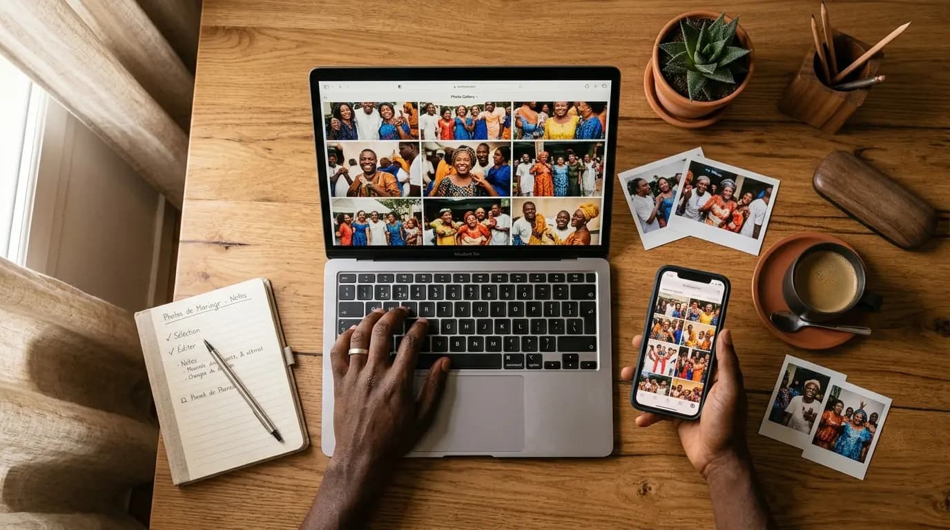 Personne triant et organisant une galerie de photos sur un écran d’ordinateur